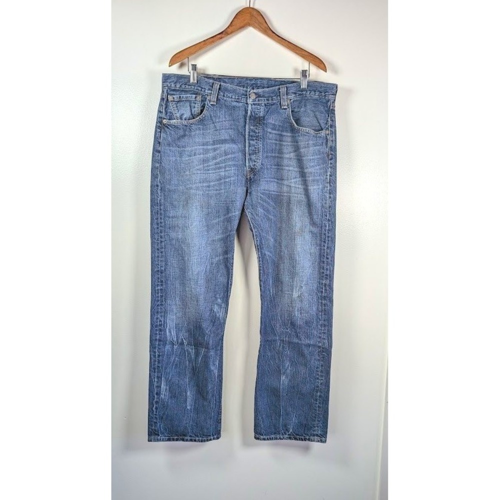 Levi's 501 Button Fly Jeans Size 38x32 Straight Leg Denim Medium Wash Distressed